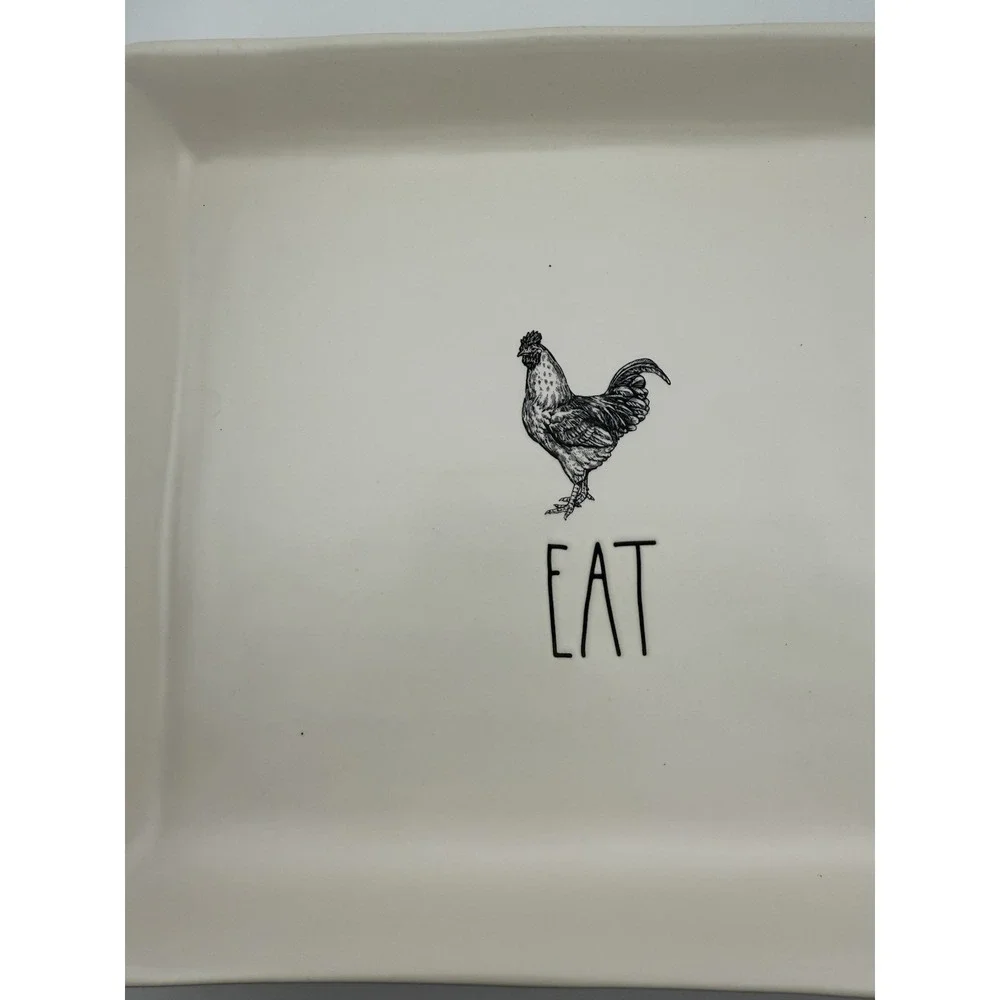 Rae Dunn Farm Rooster EAT Platter Tray with Handles Artisan Collection 12x9.5